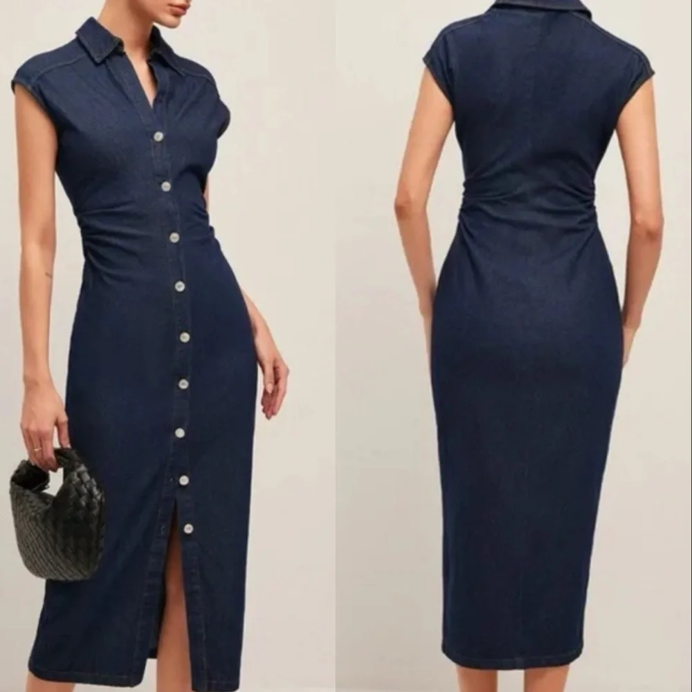 NWT COMMENSE V-Neck Navy Denim Button Down Sleeveless Midi Dress XS - Picture 1 of 8